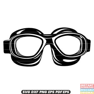 May include: Black and white illustration of vintage aviator goggles. The goggles have two large, oval lenses and a thick, curved frame. The image includes the text "SVG DXF PNG EPS PDF EPS" and "INSTANT DOWNLOAD RESIZABLE ORIGINAL".