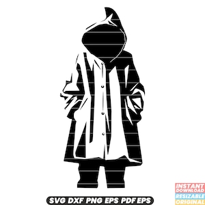 Op de afbeelding: Een zwart-wit afbeelding van een persoon die een jas met capuchon en zakken draagt. De jas is dichtgeknoopt en de handen zitten in de zakken. De afbeelding bevat de tekst "SVG DXF PNG EPS PDF EPS".