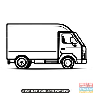 以下が含まれることがあります： 白黒の線画で描かれた配送トラック。トラックは箱型の荷台と、ドアと窓のある運転席を持っています。トラックは白い背景の上にあります。
