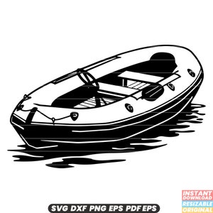 Può includere: Illustrazione in bianco e nero di una piccola barca gonfiabile con remi, un sedile e una corda legata attorno al perimetro. La barca galleggia sull'acqua.