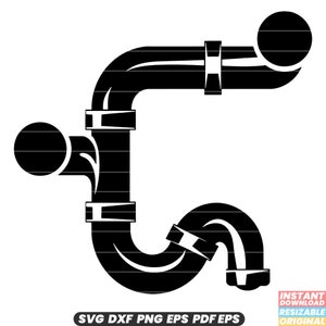 May include: Black and white silhouette of a P-trap plumbing pipe. The pipe is curved and has several joints. The pipe is a common fixture in bathrooms and kitchens.
