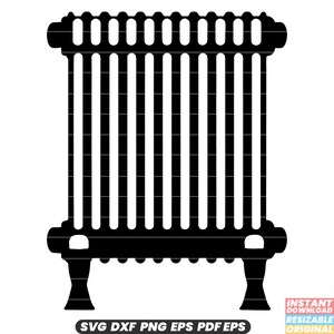 May include: Black silhouette of a vintage radiator with a decorative top and two legs. The radiator has a series of vertical lines.