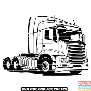 May include: Black and white line art illustration of a semi-truck. The truck has a large cab and a long trailer. The truck is facing the viewer and is on a white background.
