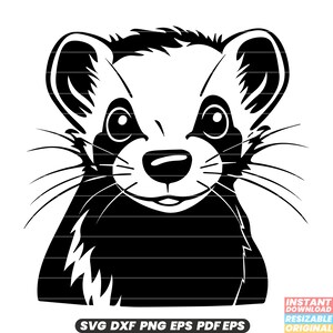May include: Black and white illustration of a ferret with a cute, cartoon-like expression. The ferret has a small, pointed nose, large, round eyes, and a wide, open mouth. The ferret's fur is depicted with a series of lines, giving it a textured appearance.