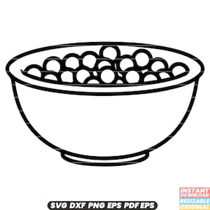 May include: A black and white line drawing of a bowl filled with round objects. The bowl is a simple, rounded shape with a thick outline.