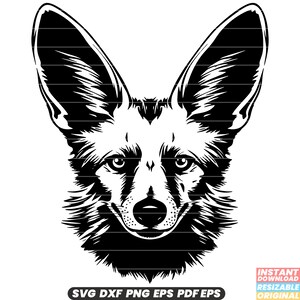 May include: Black and white silhouette of a fennec fox head with large ears. The fox is looking directly at the viewer with a friendly expression.