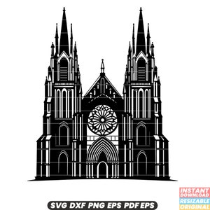 Puede incluir: Ilustración en blanco y negro de una catedral con dos altas agujas, un rosetón y una entrada arqueada. La imagen incluye el texto "SVG DXF PNG EPS PDF EPS" y "INSTANT DOWNLOAD RESIZABLE ORIGINAL".