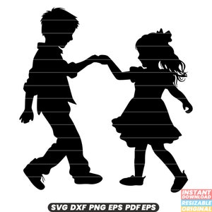 Könnte beinhalten: Silhouette eines Jungen und eines Mädchens, die sich an den Händen halten und tanzen. Beide tragen Freizeitkleidung. Das Bild ist in Schwarzweiß.