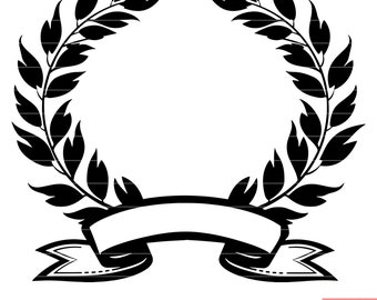 Puede incluir: Silueta en blanco y negro de una corona de laurel con una pancarta en blanco debajo. La corona está hecha de hojas y la pancarta está curvada.
