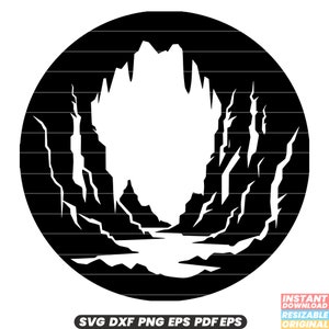 May include: Black and white silhouette of a mountain range with a river flowing through the center. The mountains are jagged and the river is smooth. The image is in a circle shape.