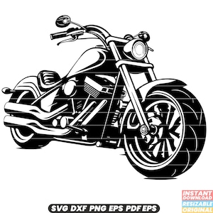 May include: Black and white illustration of a motorcycle. The motorcycle has a large front wheel and a smaller rear wheel. The motorcycle is facing the right side of the image.