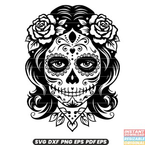 Mujer Calavera de Azúcar Día de los Muertos Tradición Mexicana Calavera Decoración Artística Festival Símbolo Colorido Muerte SVG DXF PNG Archivo de Corte