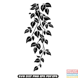 May include: Black silhouette of a cascading vine with numerous leaves. The image includes the text "SVG DXF PNG EPS PDF EPS" at the bottom, indicating file formats. The design is suitable for various crafting projects.