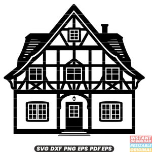 Puede incluir: Silueta en blanco y negro de una casa tradicional de entramado de madera con un techo a dos aguas, varias ventanas y una puerta de entrada. La casa tiene un diseño sencillo con un enfoque en los detalles arquitectónicos.