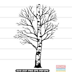 May include: Black and white silhouette of a birch tree with bare branches. The tree trunk has a textured pattern of white dots.