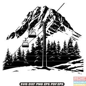 Berg Sesselbahn Sesselbahn Sesselbahn Bergkette Schnee Winter Ski Alpin SVG DXF PNG geschnitten Datei Digital Sofort Download