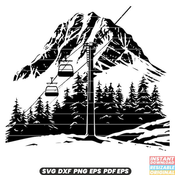 Mountain Lift Ski Resort Chairlift Cable Car Mountain Range Snow Winter Skiing Snowboarding SVG DXF PNG Cut File Digital Instant Download