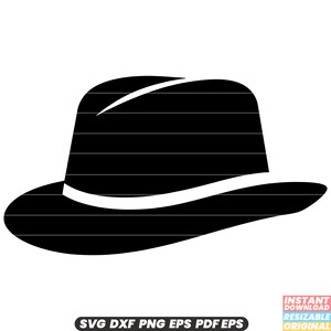 May include: A black fedora hat with a wide brim and a thin band around the crown.