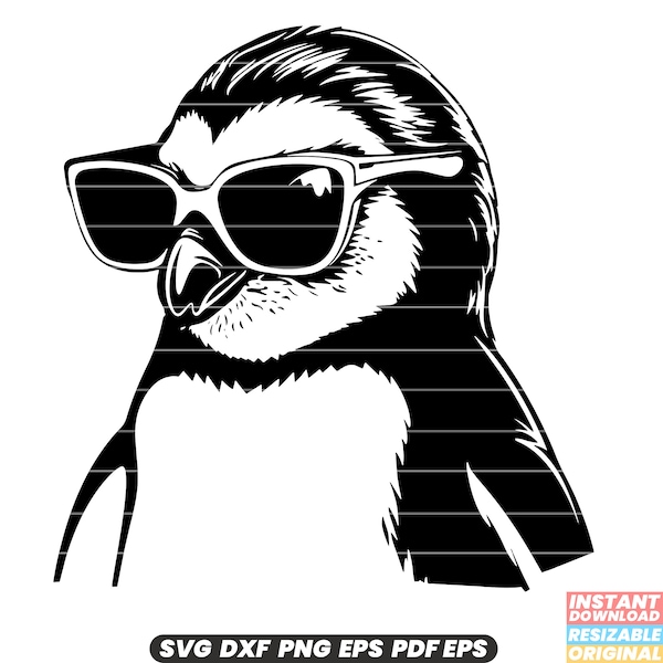 Penguin with Sunglasses Animal Pet Cool Trendy Sun Shades Summer Fun Quirky Humorous Cartoon Vector Illustration SVG DXF PNG Cut File