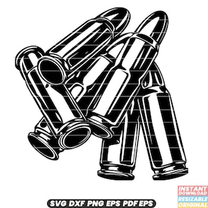 Może przedstawiać: Czarno-biała grafika przedstawiająca kilka pocisków, zachodzących na siebie i ustawionych pod kątem. Obraz ma kontrastowy design, z wyraźnie zdefiniowanymi szczegółami pocisków. Na dole obrazu znajduje się tekst: SVG DXF PNG EPS PDF EPS.