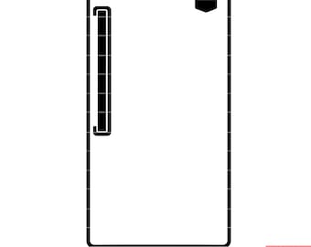 May include: Black and white line drawing of a refrigerator with a door handle and a freezer compartment.