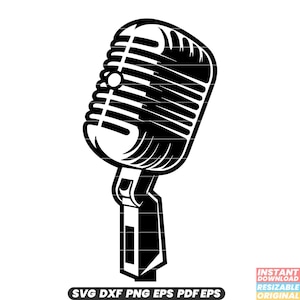 May include: Black and white illustration of a vintage microphone with a stand. The microphone has a round shape with a grid pattern and a small circle at the top.