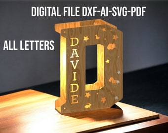 Letra de lámpara brillante, alfabeto completo, archivos svg, ai, dxf, pdf para láser cnc. Alfabeto completo de lámparas