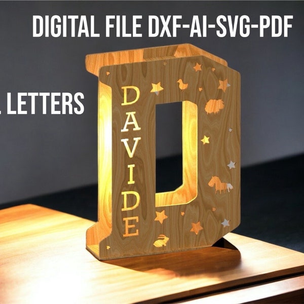 Lettera lampada luminosa, full alphabet, file svg, ai, dxf, pdf per laser cnc. Alfabeto completo lamp