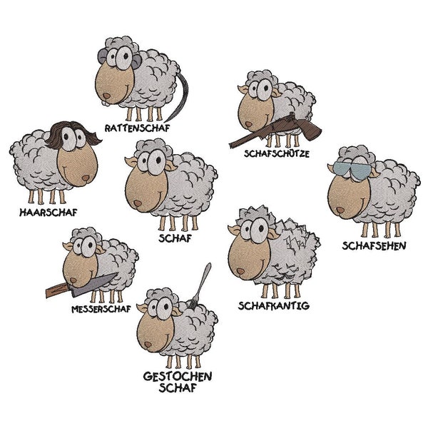 Lustige Schafe Set - 8 außergewöhnliche Motive für Schaf-Fans - Stickdateien für Maschinenstickerei