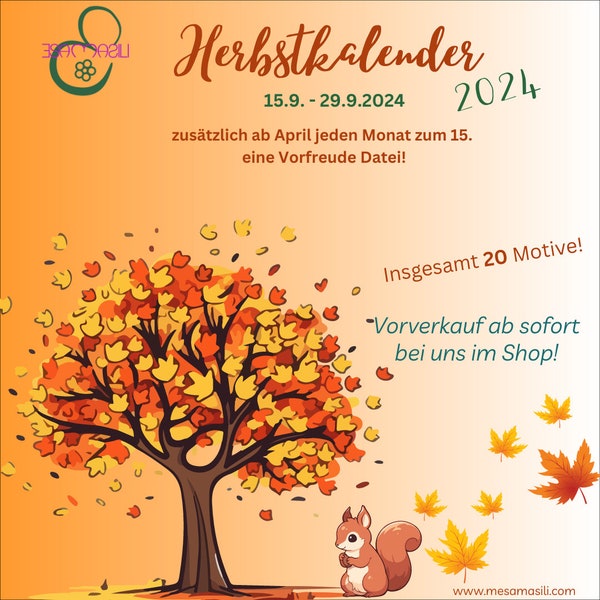 Herbstkalender 2024 - Insgesamt 19 tolle Stickdateien für Maschinenstickerei - Bitte unbedingt die Artikelbeschreibung lesen!