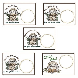 Sloth - Slow - MugRug Set - 2 motifs - 5 different sayings - ITH file - 13x18, 16x26 and 20x28