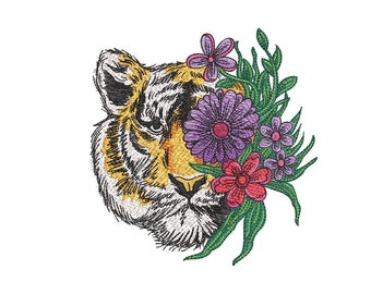 Tiger mit Blumen - Stickdatei für Maschinenstickerei