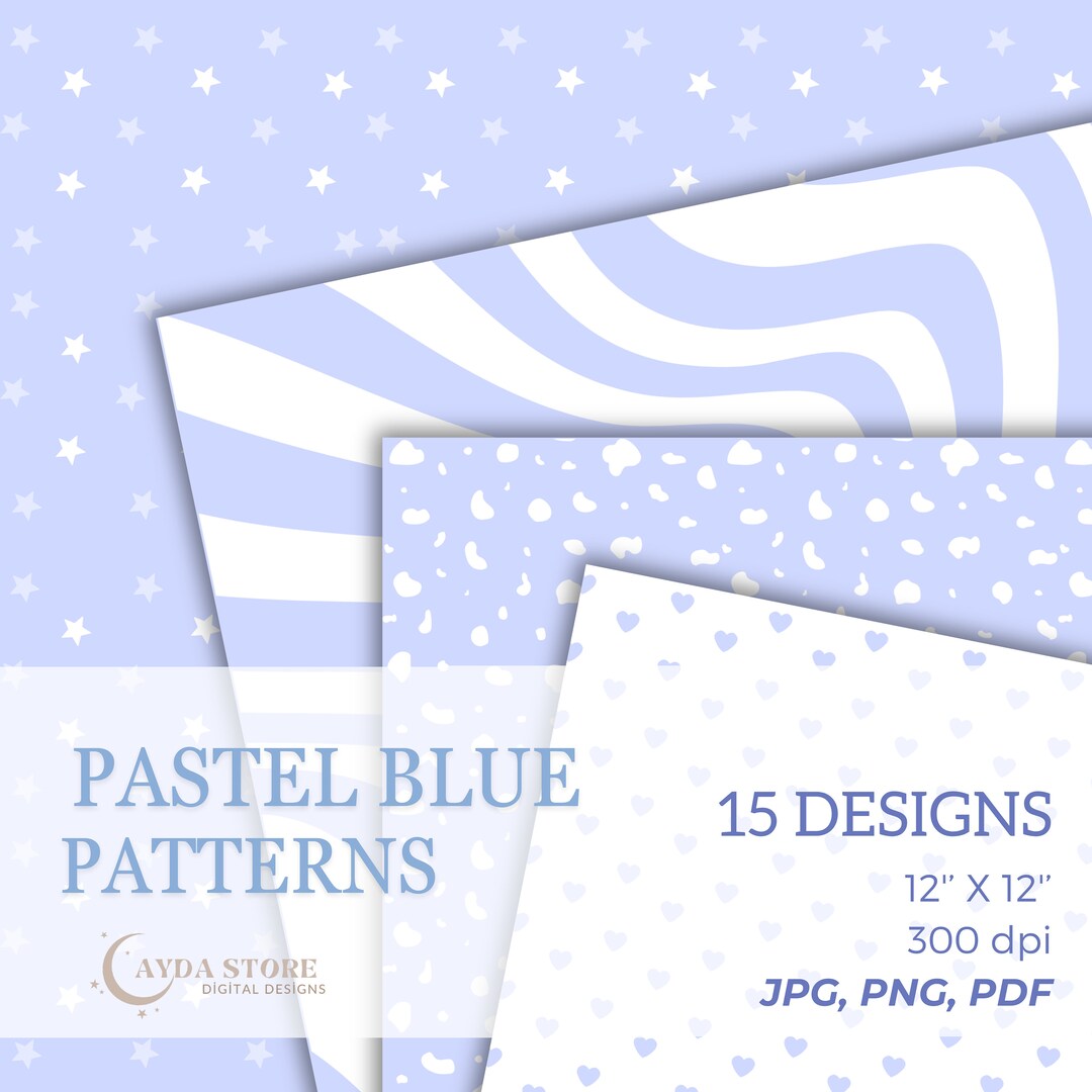 Pastel Blue Patterns Digital Paper, Printable Blue Scrapbooking