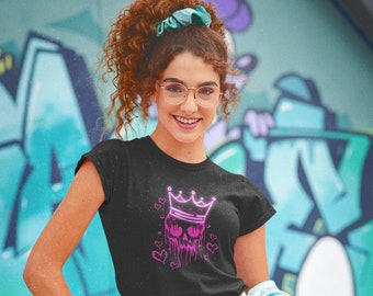 Melting Skull With Neon Crown Short Sleeve T-shirt | Pink Skull With Hearts Tee | Pink Cranium T Shirt | Neon Pink Crown | Skull Design Tee