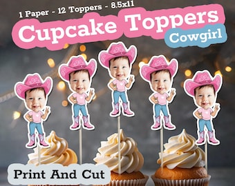 Printable Personalized COWGIRL Face Cupcake Toppers, Pink Cowgirl Hat,First Birthday Girl, Cowgirl Birthday Party Decor,Rodeo Cupcake Topper