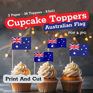 Könnte beinhalten: 38 Cupcake-Topper in Form der australischen Flagge, gedruckt auf 8,5 x 11 Zoll Papier. Die Topper sind auf Zahnstochern und können zum Dekorieren von Cupcakes ausgeschnitten und verwendet werden. Das Bild zeigt drei Cupcakes mit den Toppern darauf.