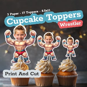 Personalized WRESTLER Face Cupcake Toppers, WWE Birthday Decor, Wrestling Party Favors, Custom Cake Toppers, WrestleMania Cupcake Topper