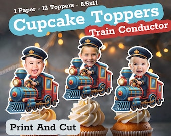 Printable Vintage Train Conductor Boy Face Cupcake Toppers | Choo Choo Two | Train Birthday Party Decor | Baby Shower Table Decorations