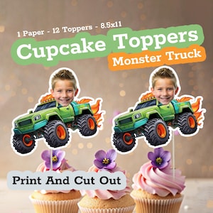 Custom Photo Monster Truck Cupcake Toppers | Personalized Birthday Party Decor | Printable Monster Truck Face Cutout Toppers, Monstertruck