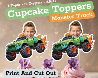 Décorations personnalisées pour cupcakes Monster Truck avec photo | Décorations personnalisées pour fête d'anniversaire | Décorations imprimables à découper avec visage de Monster Truck