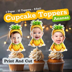 Topos de cupcake com rosto de bebê em formato de ABACAXI tropical, lembrancinhas personalizadas para festa luau, decoração de aniversário com abacaxi, topo de bolo com frutas tropicais e fotos