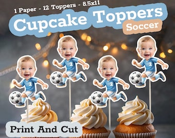 SOCCER Personalized Face Cupcake Toppers, Custom Baby Face for Soccer Birthday Party, Soccer Cake Topper & Party Favors, Sports Ornament