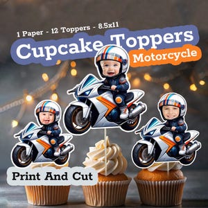 Topper cupcake personalizzati con faccia stampabile MOTO | Decorazioni di compleanno per motociclette con foto personalizzate | Regali motociclistici unici, feste in moto