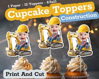 CONSTRUCTION Excavator Personalized Baby Face Cupcake Toppers, Custom Face Party Favors, Photo Toppers for Construction Birthday Party