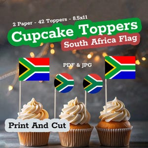 Könnte beinhalten: Druckbare Cupcake-Topper mit der südafrikanischen Flagge. Das Set enthält 42 Topper, 2 Blatt Papier und ist in den Formaten PDF und JPG erhältlich. Drucken und schneiden Sie die Topper aus, um Cupcakes zu dekorieren.