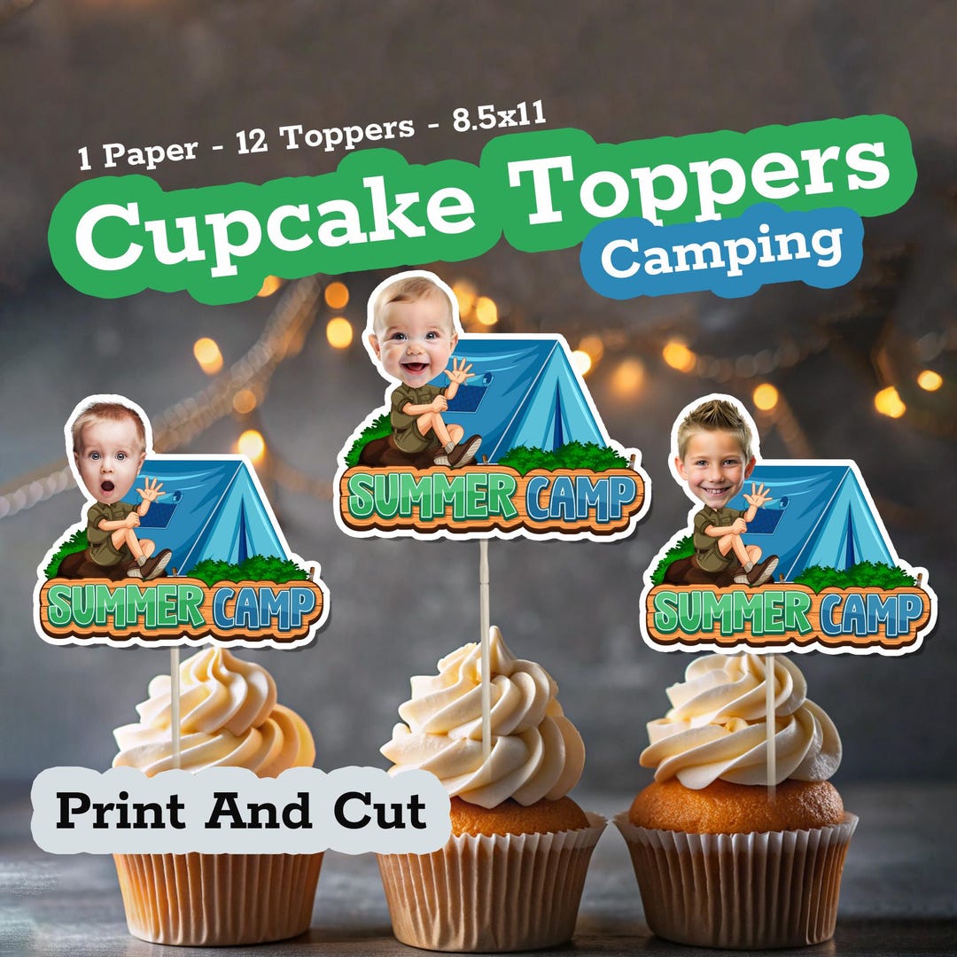 Summer Camp Face Cupcake Toppers – Personalized Boy Photo Topper for ...