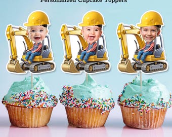 May include: Three yellow construction vehicle cupcake toppers with a child's face in the driver's seat.  The toppers are printed on cardstock and ready to be cut out.  Print and Cut Out.