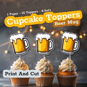 Puede incluir: 15 toppers de cupcake imprimibles con un diseño de jarra de cerveza. Los toppers están impresos en papel de 8,5x11 pulgadas y están listos para recortarse y usarse.