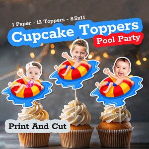 Pool Party Personalized Face Cupcake Toppers – Custom Photo Printable for Summer Birthday, Pool Party Favor, Kids Pool Party Decor