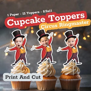 Op de afbeelding: Twaalf printbare cupcake-toppers met een cartoon-ringmeester met een hoge hoed en een rood-geel kostuum. De toppers zijn ontworpen om te worden afgedrukt op 8,5 x 11 inch papier en uit te knippen. De tekst "Cupcake Toppers Circus Ringmaster" staat bovenaan de afbeelding. De tekst "Print And Cut" staat onderaan de afbeelding.